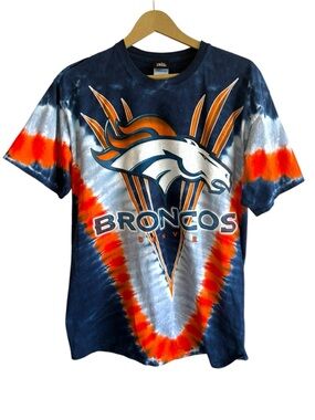 Vintage NFL Team Apparel Mens Large Orange Blue Tie Dye Graphic Broncos Shirt